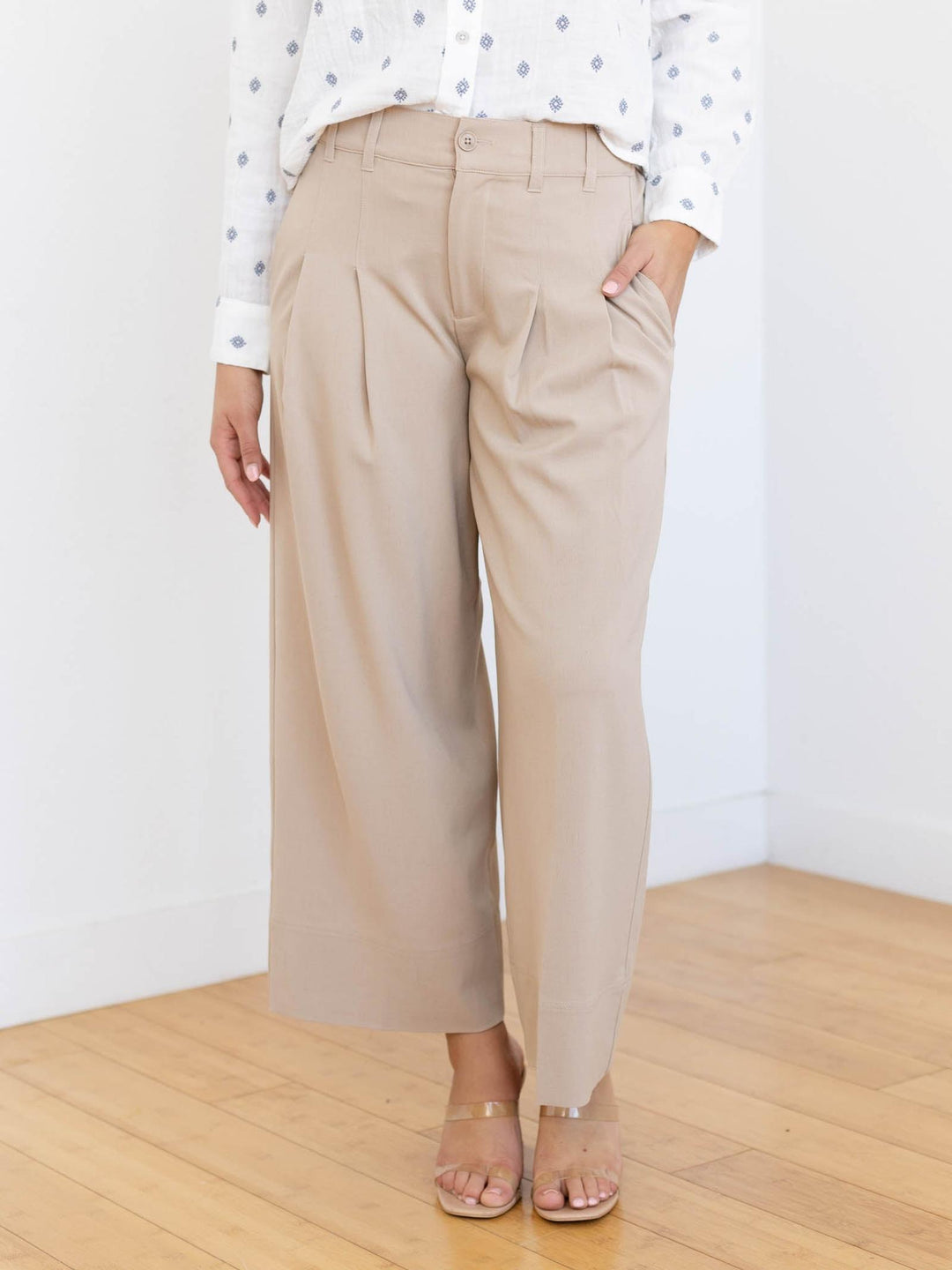 pleated wide leg khaki pants