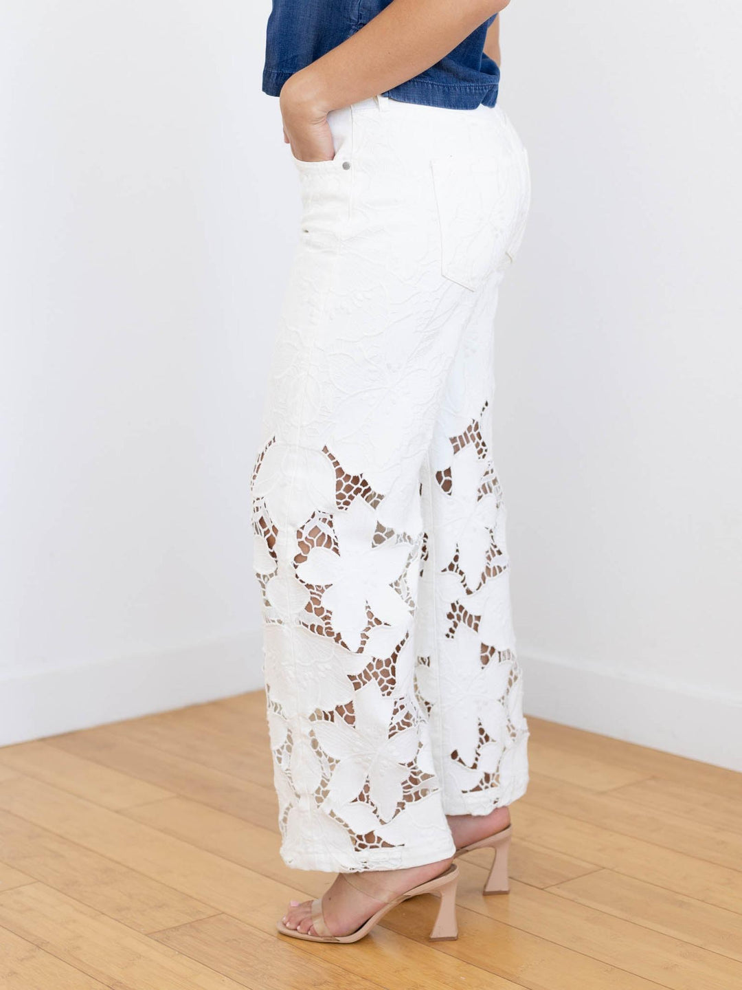 lace floral white denim jeans