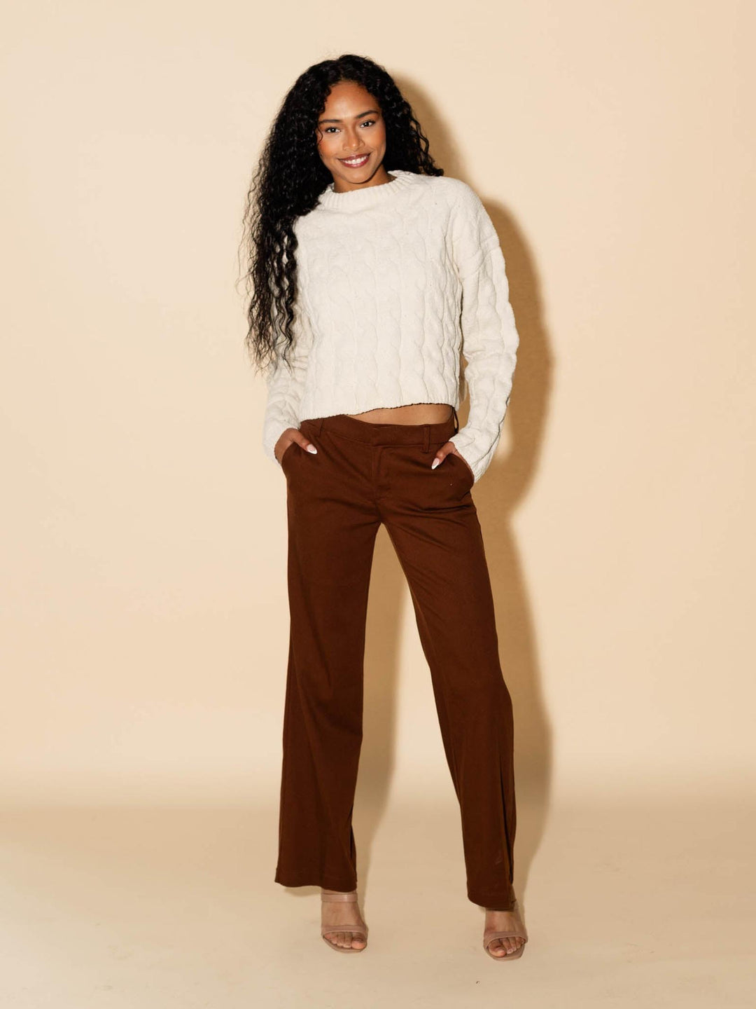 solid brown wide leg trouser pant