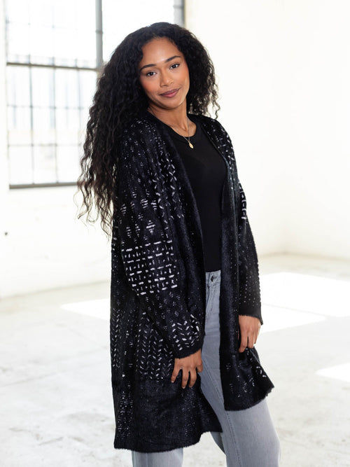 textured black and white fuzzy cardigan