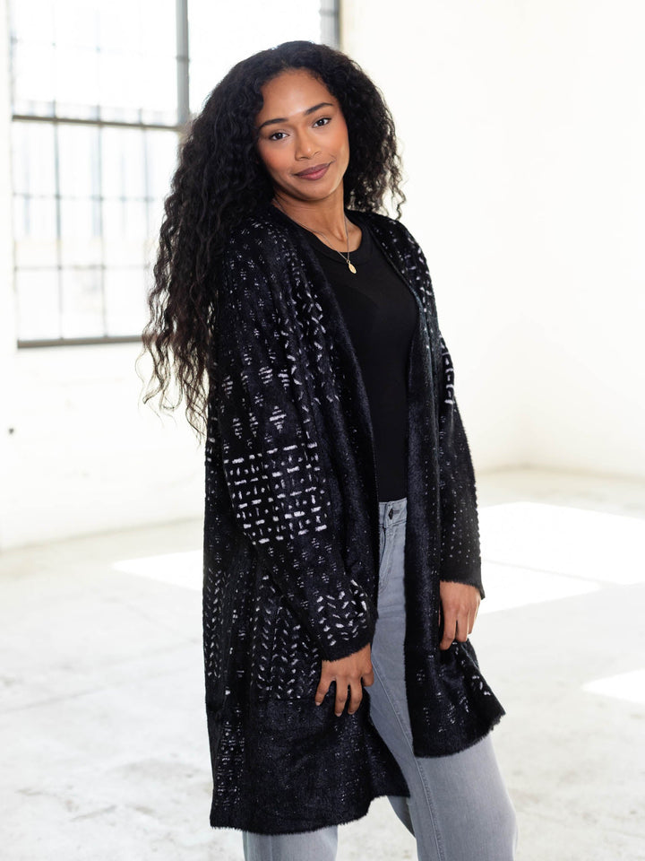 textured black and white fuzzy cardigan