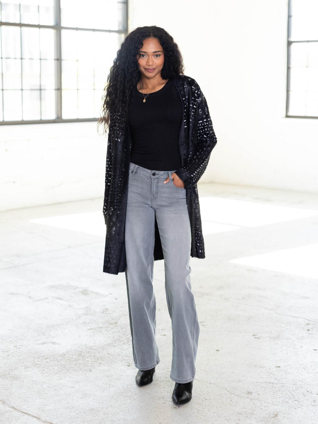 textured black and white fuzzy cardigan