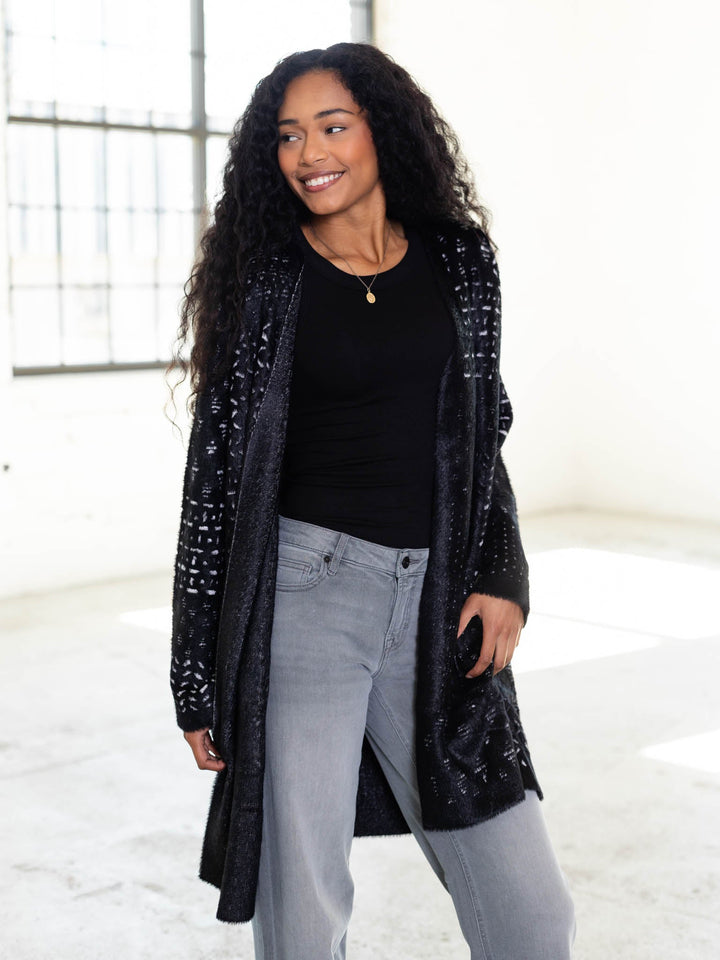 textured black and white fuzzy cardigan