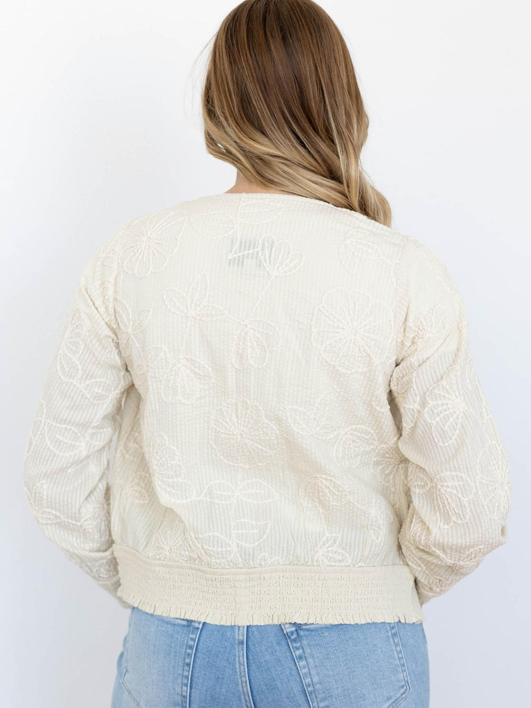 collarless floral smocked cream jacket