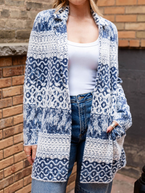 white and blue printed fuzzy cardigan