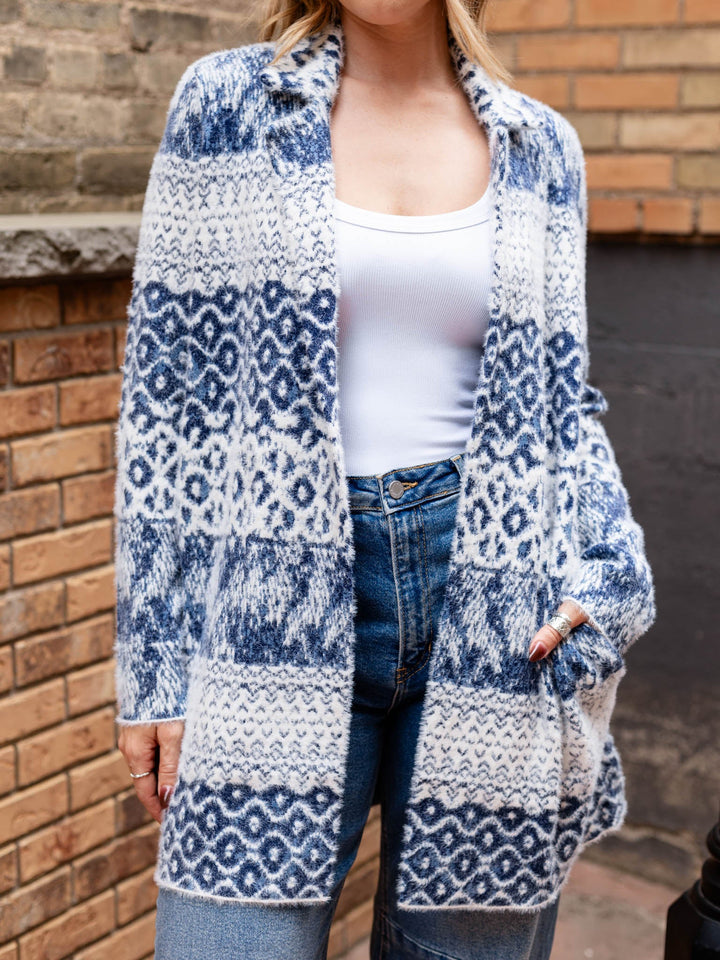 white and blue printed fuzzy cardigan
