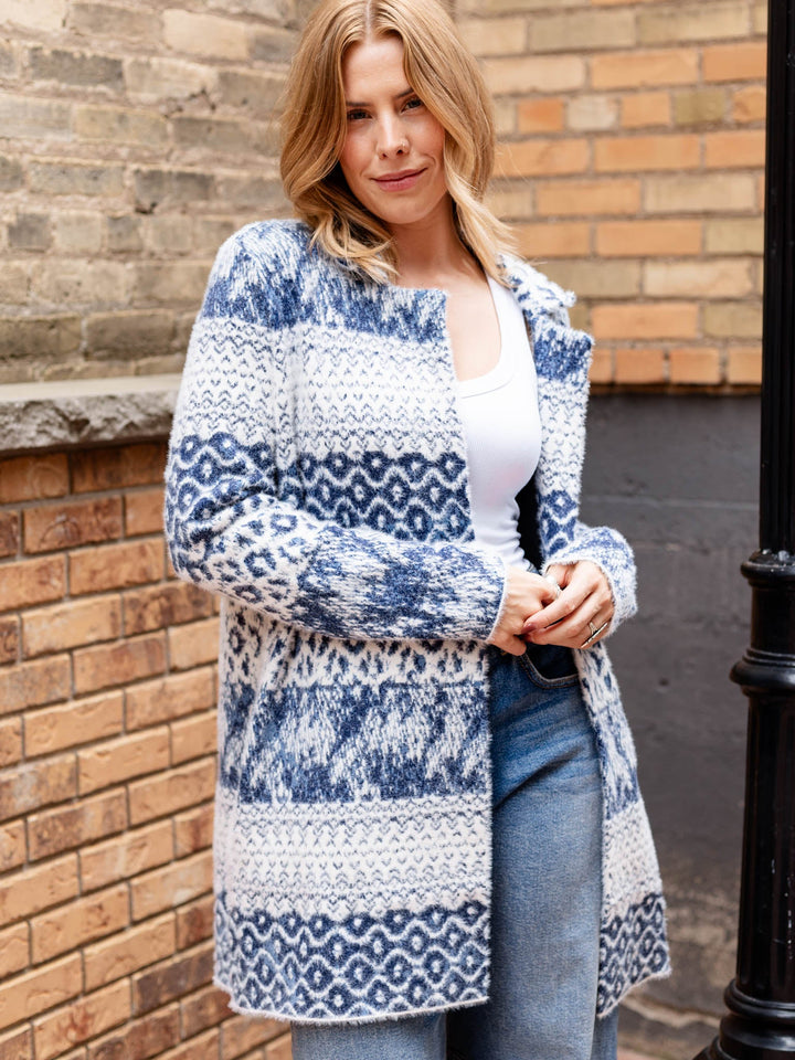 white and blue printed fuzzy cardigan