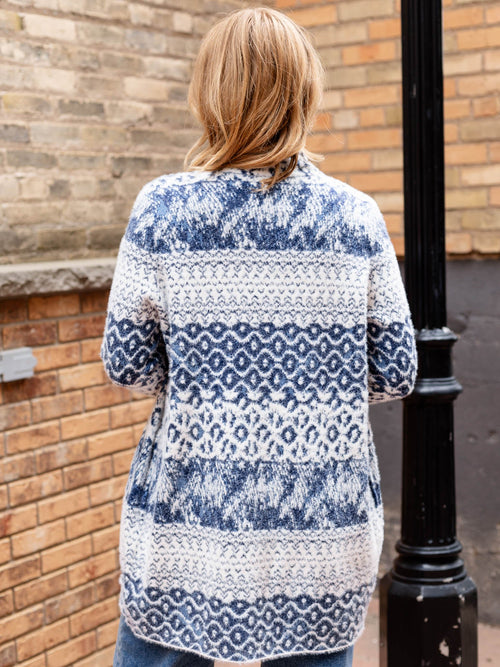 white and blue printed fuzzy cardigan
