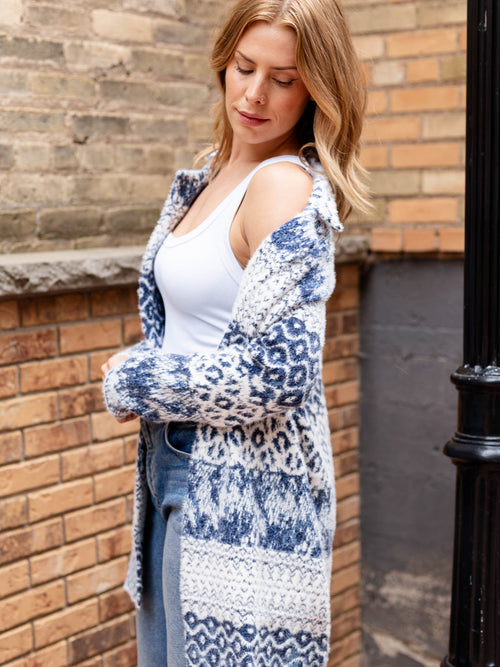 white and blue printed fuzzy cardigan