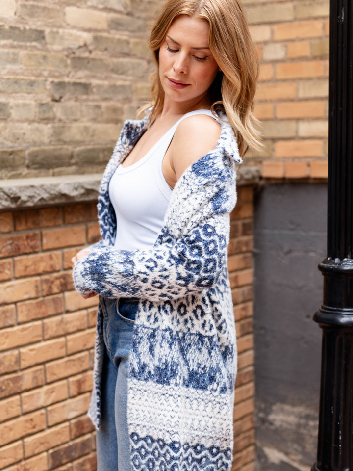 white and blue printed fuzzy cardigan