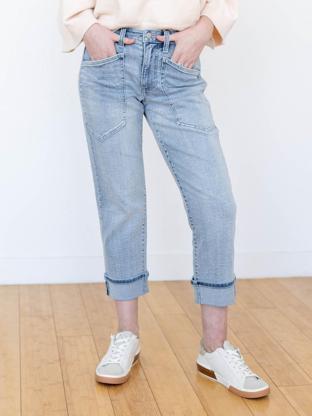 cropped cuffed light wash denim