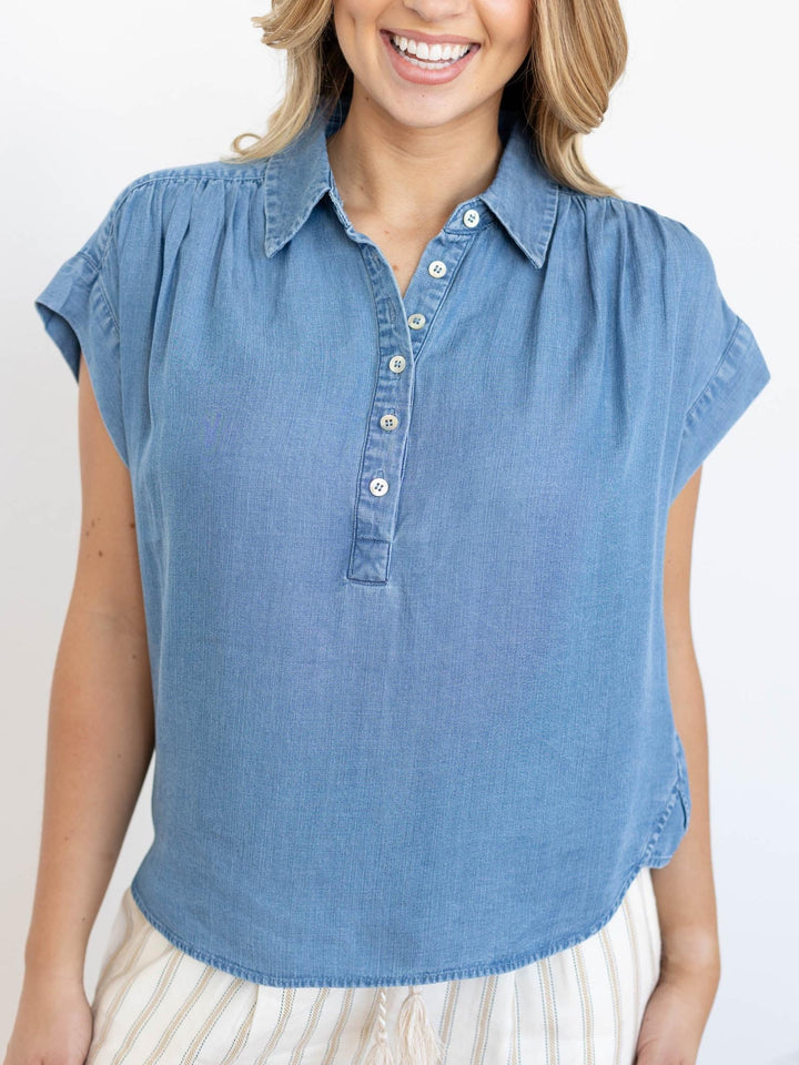 denim henley short sleeve top