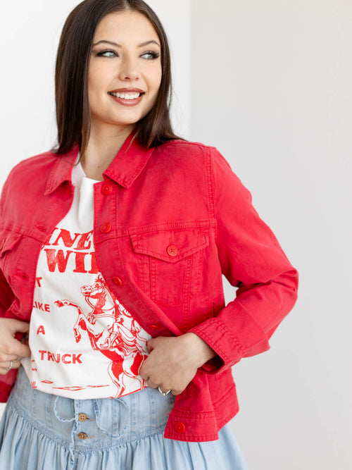 red denim jacket