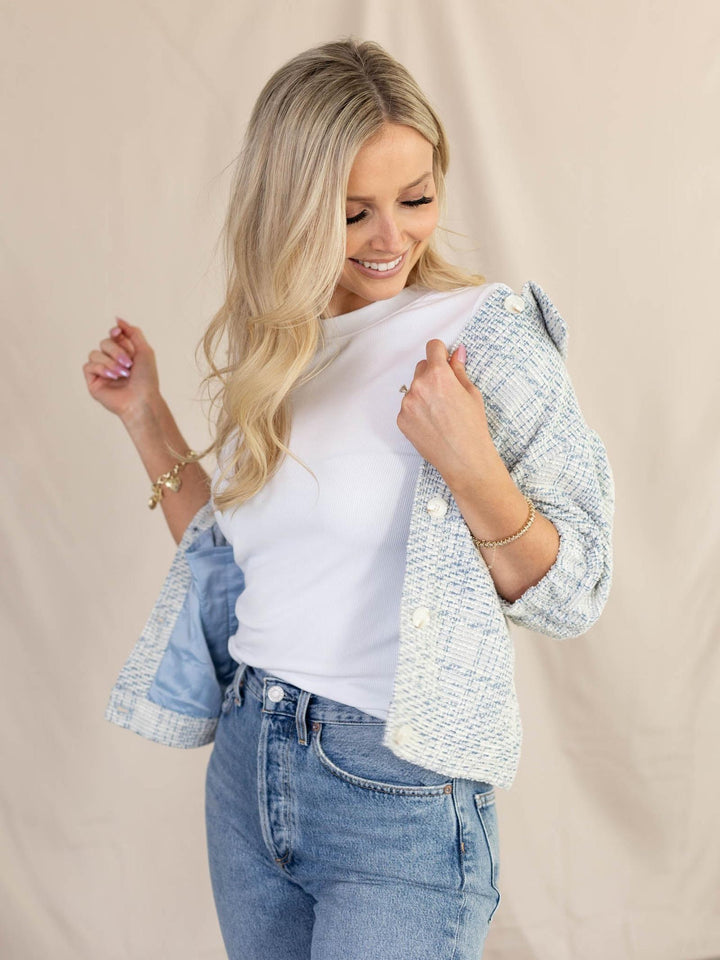 light blue tweed jacket