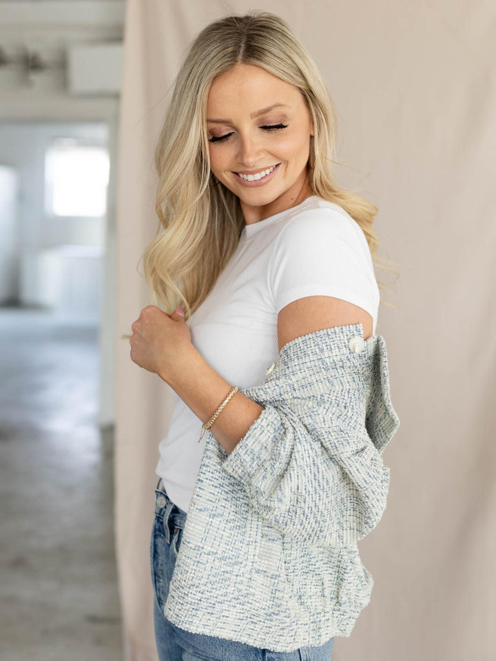 light blue tweed jacket