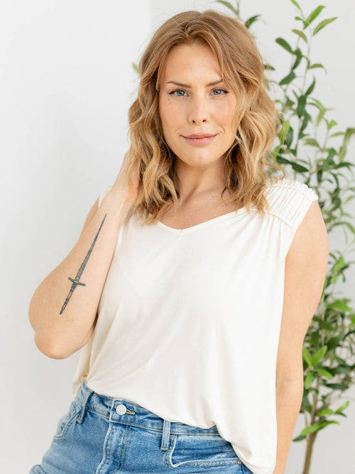 ivory shirred flowy tank top
