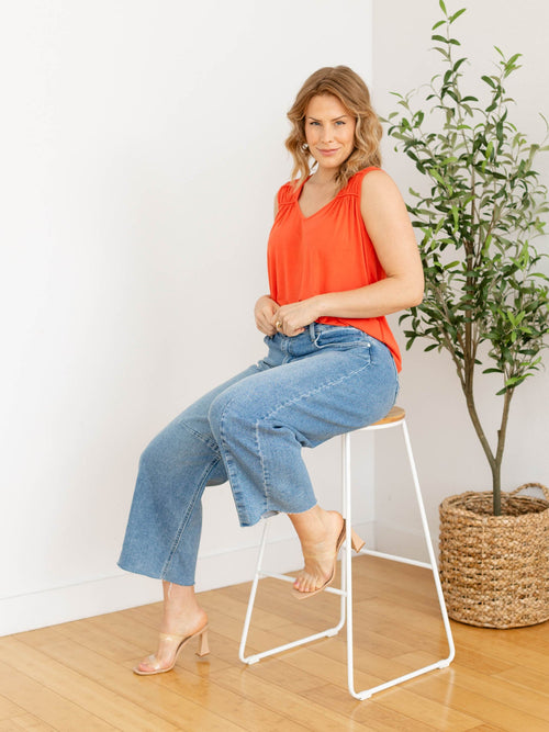 orange gathered neck soft and flowy tank