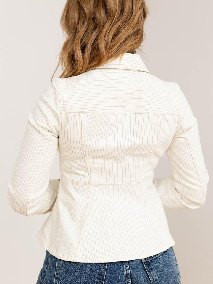 pinstripe denim flare jacket