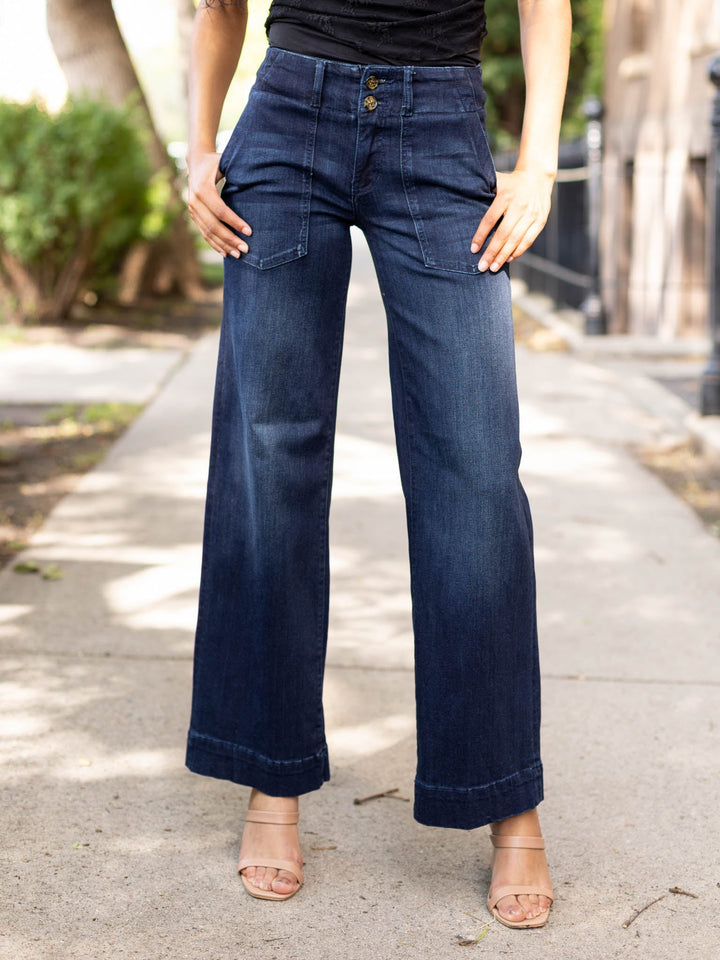 dark wash wide leg trouser jeans