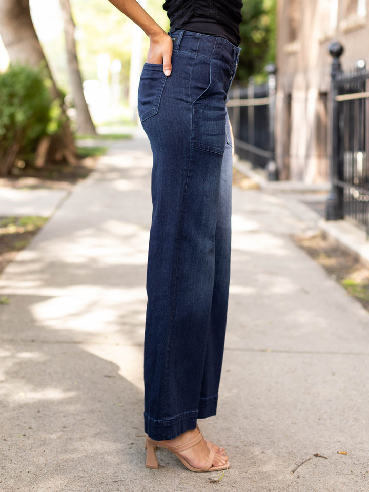 dark wash wide leg trouser jeans