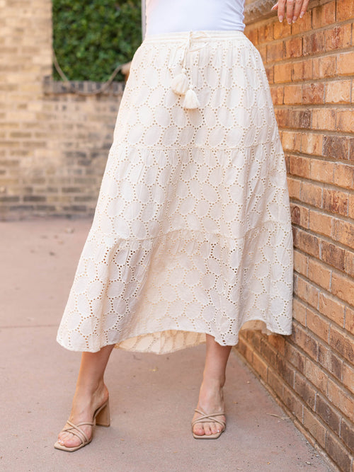 cream crochet tiered midi skirt