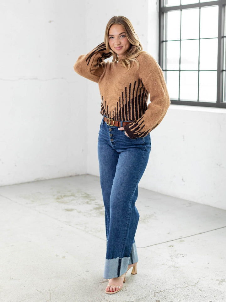 brown and black contrast stripe sweater