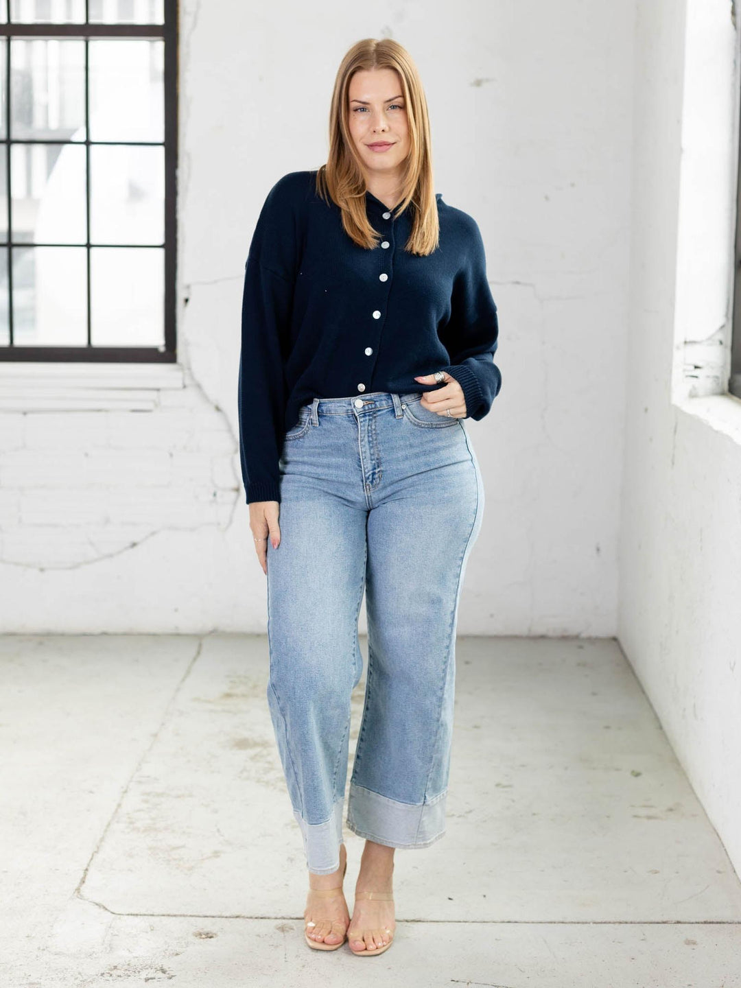 navy blue rolled neck cardigan