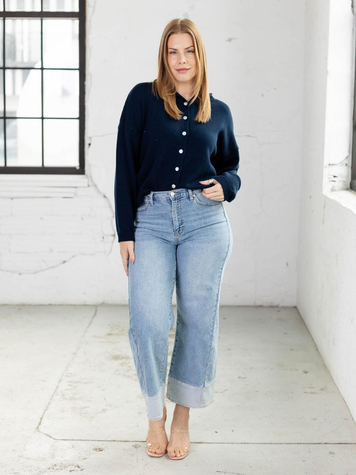navy blue rolled neck cardigan