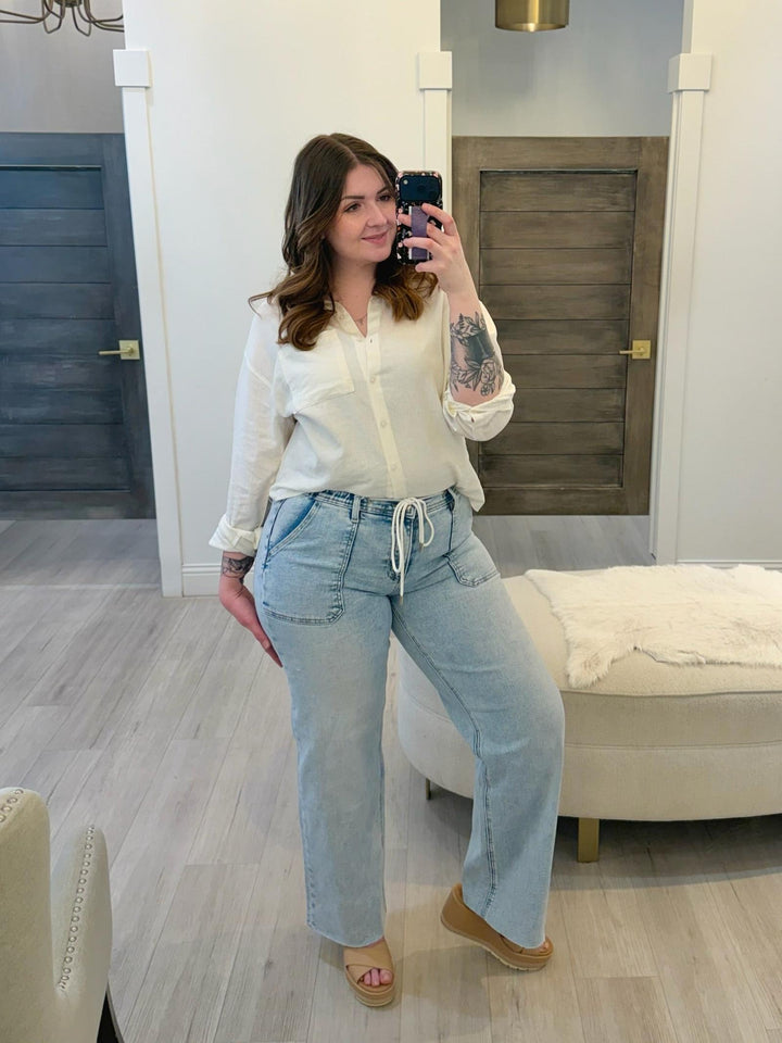 light wash drawstring denim