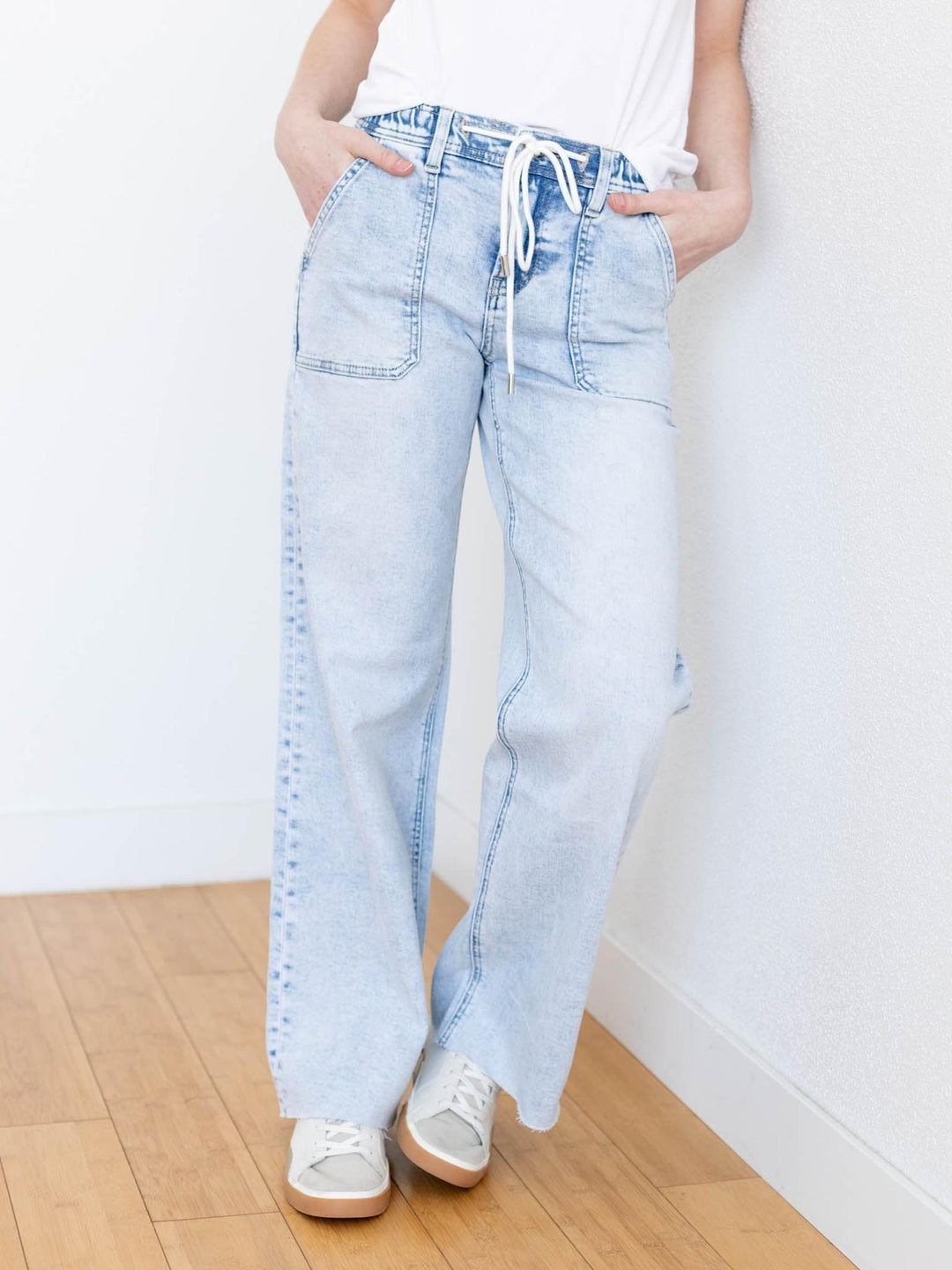 light wash drawstring denim