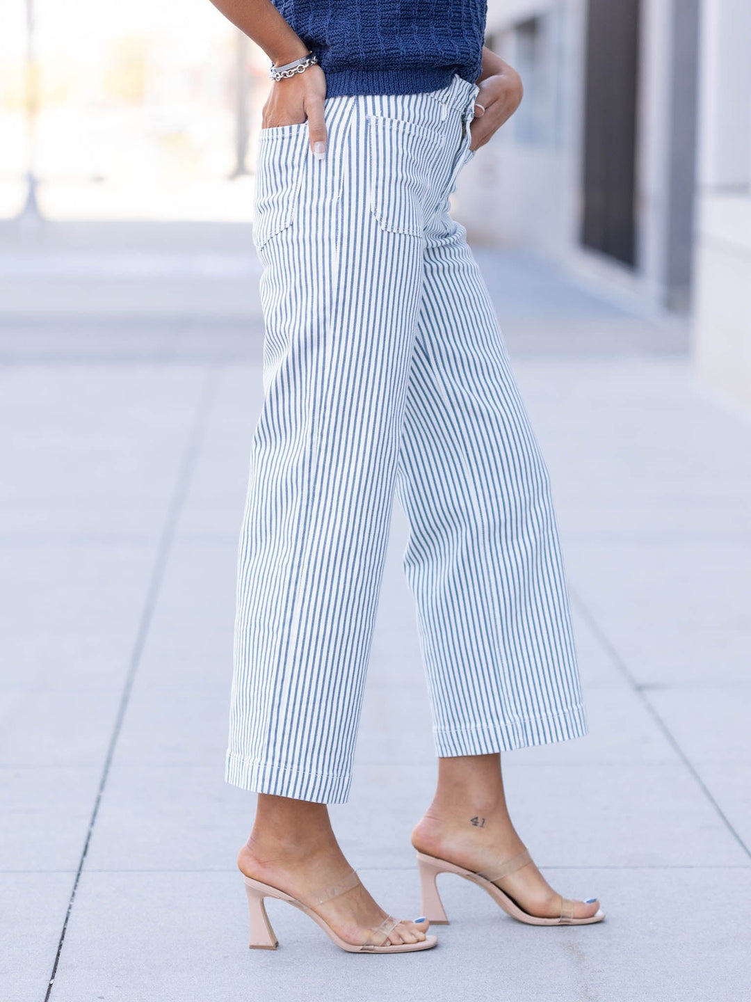 blue and white stripe denim