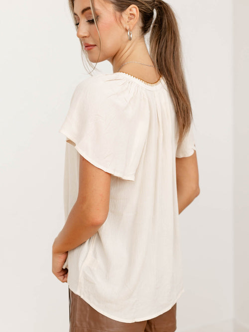embroidered contrast trim gauze top