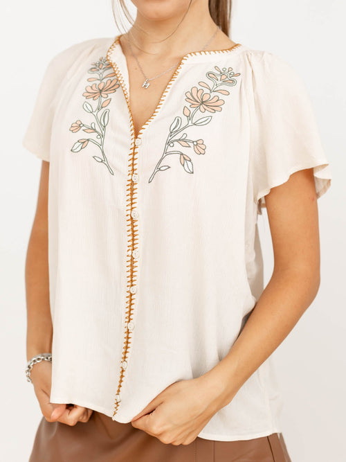 embroidered contrast trim gauze top