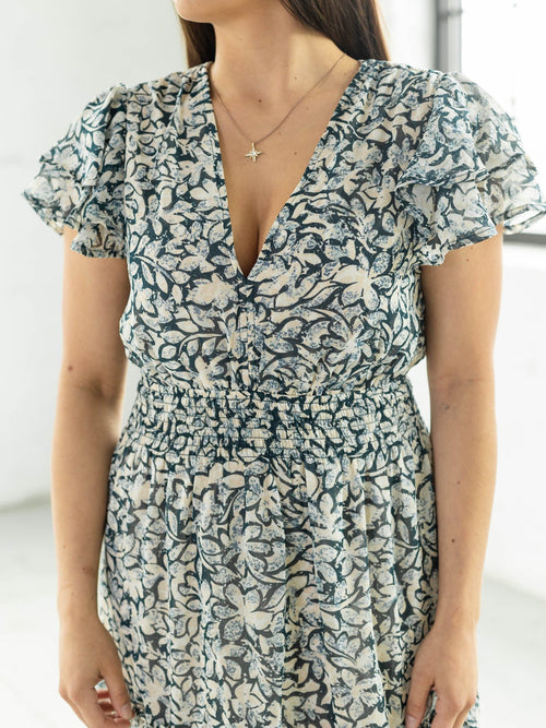 jewel toned floral smocked waist mini dress