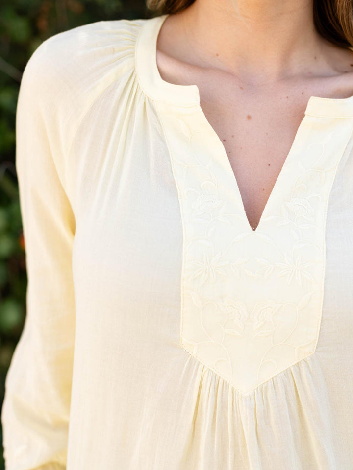 Yellow Lovestitch Raglan Bell Sleeve Blouse with floral embroidered split V-neck.