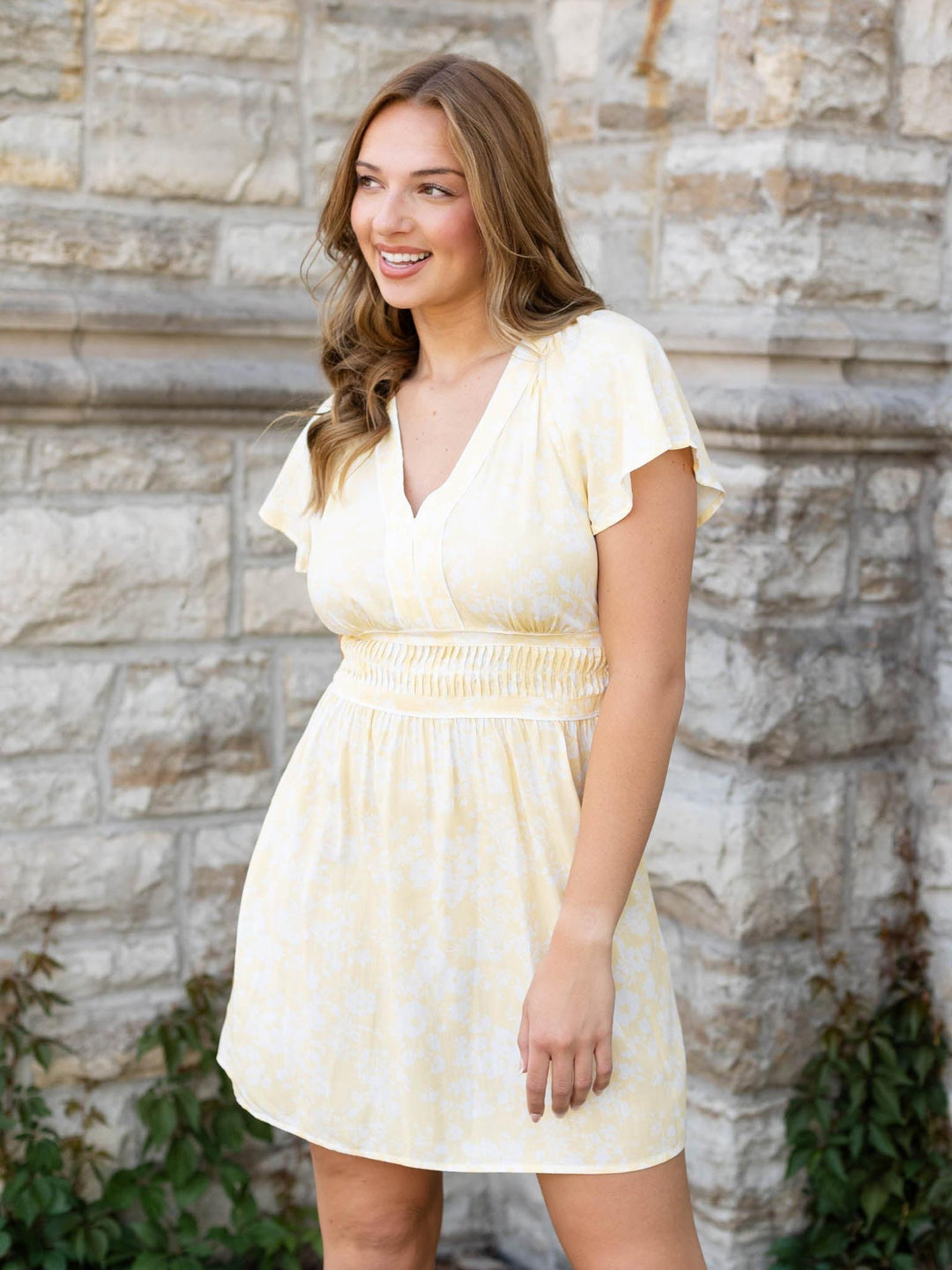 yellow floral mini dress Strap Go wandering through the wildflowers in the Lulus Garden Explorer Mustard Yellow Floral Print Mini Dress Lovestitch Soft Floral Pleated Waist