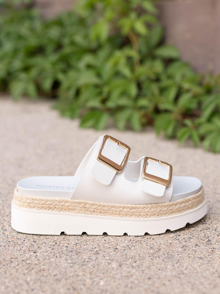 Madden Girl Mythical white faux leather two-buckle flatbed sandal with espadrille platform.