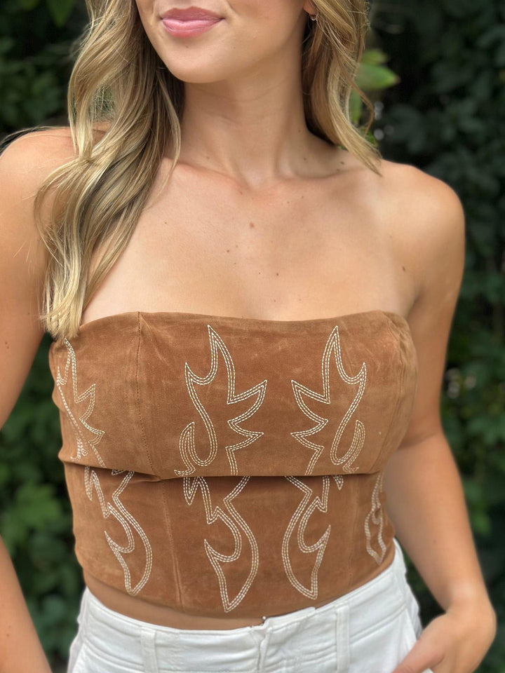Maple Faux Suede Embroidered Corset Top