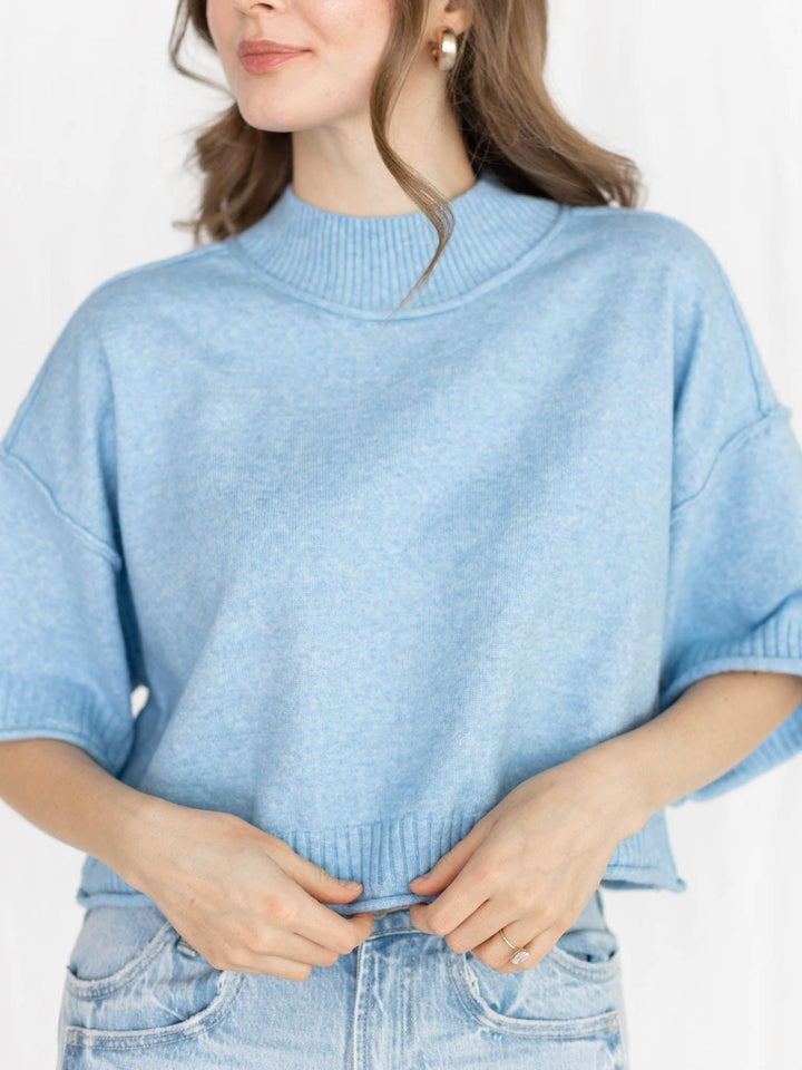 blue short sleeve sweater