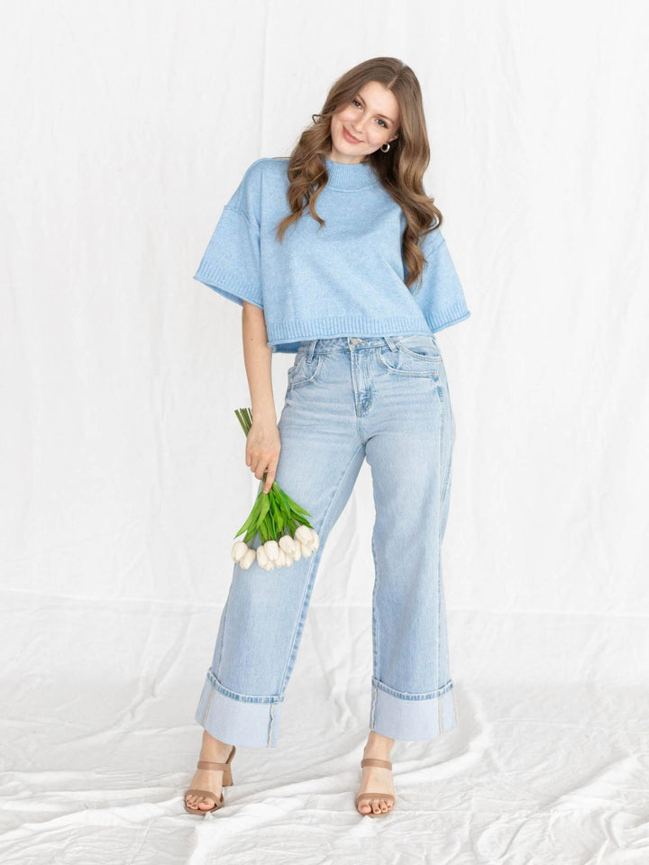 blue short sleeve sweater