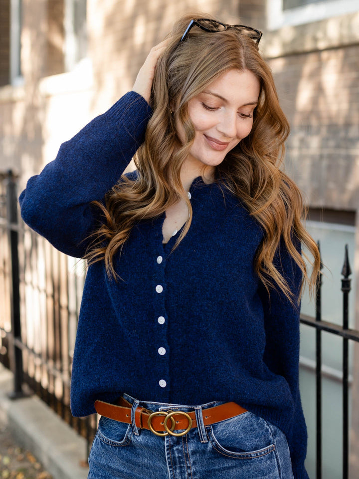 blue button front cardi