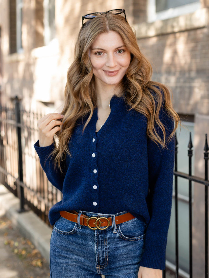 blue button front cardi