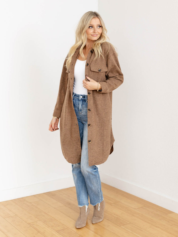 brushed brown long shacket
