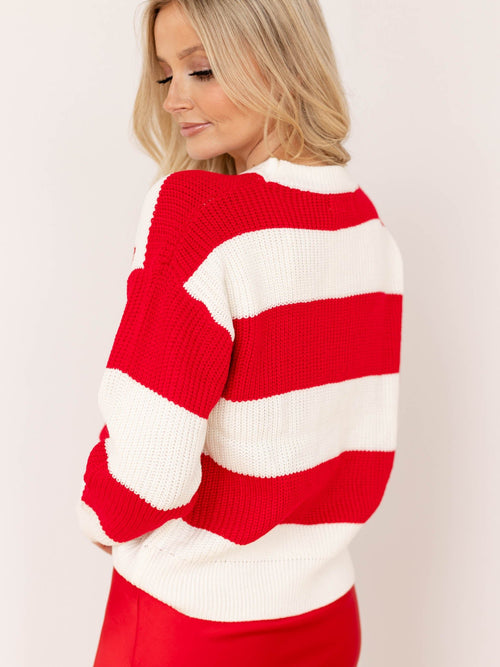white and red stripe merry sweater
