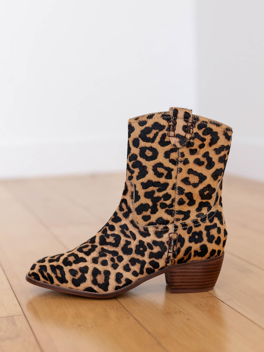 MIA Lauryn western-inspired ankle boot with textured leopard print and a 2" block heel.
