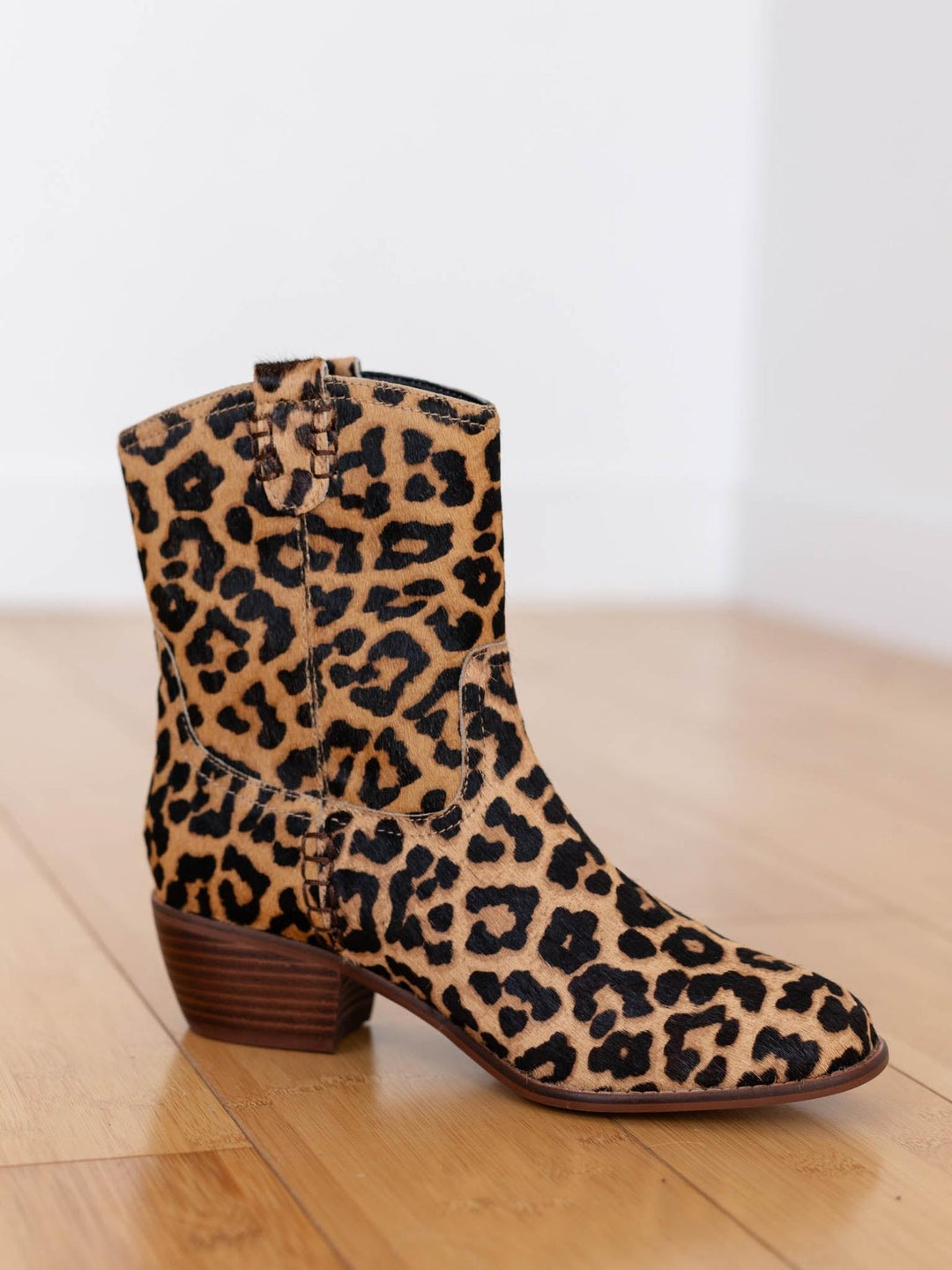 MIA Lauryn western-inspired ankle boot with textured leopard print and a stacked block heel.