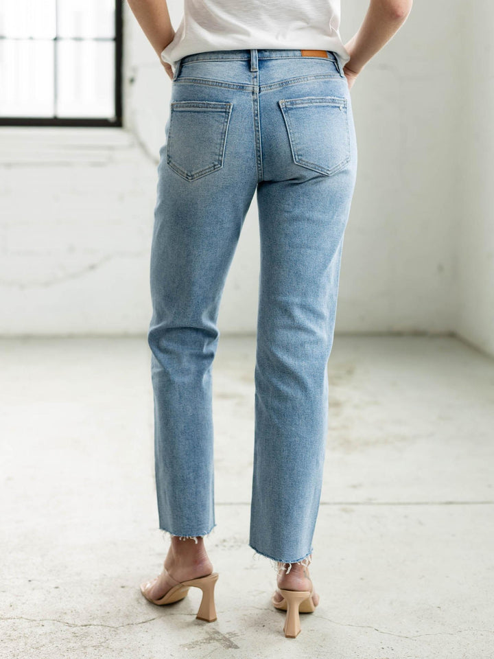 washed straight leg raw hem denim