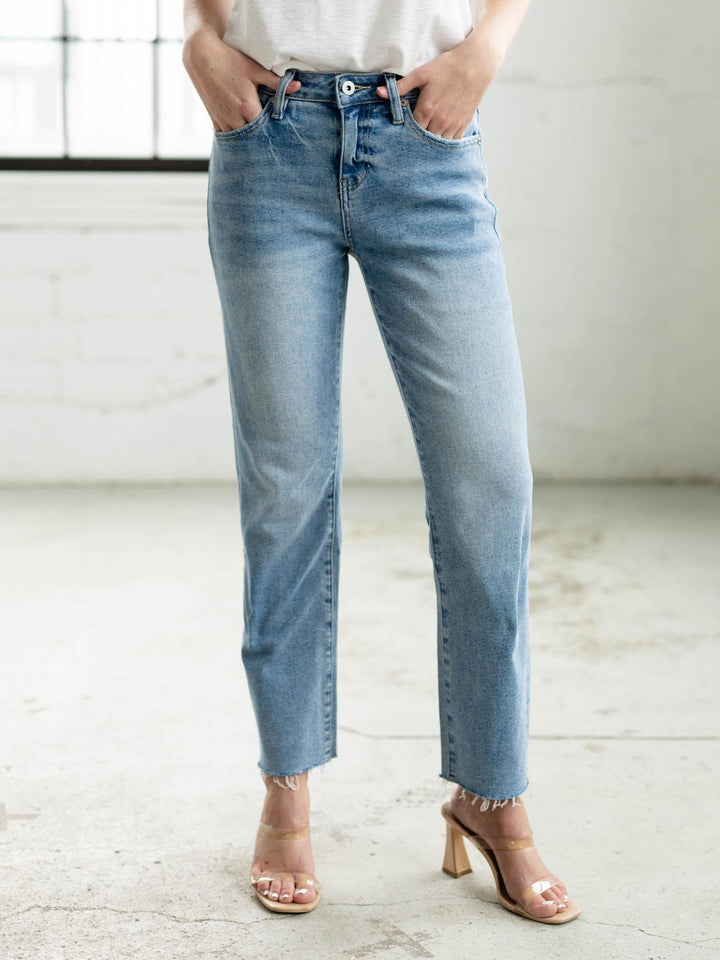 washed straight leg raw hem denim
