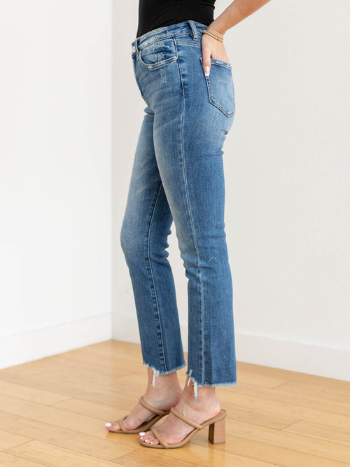 distressed slim straight denim