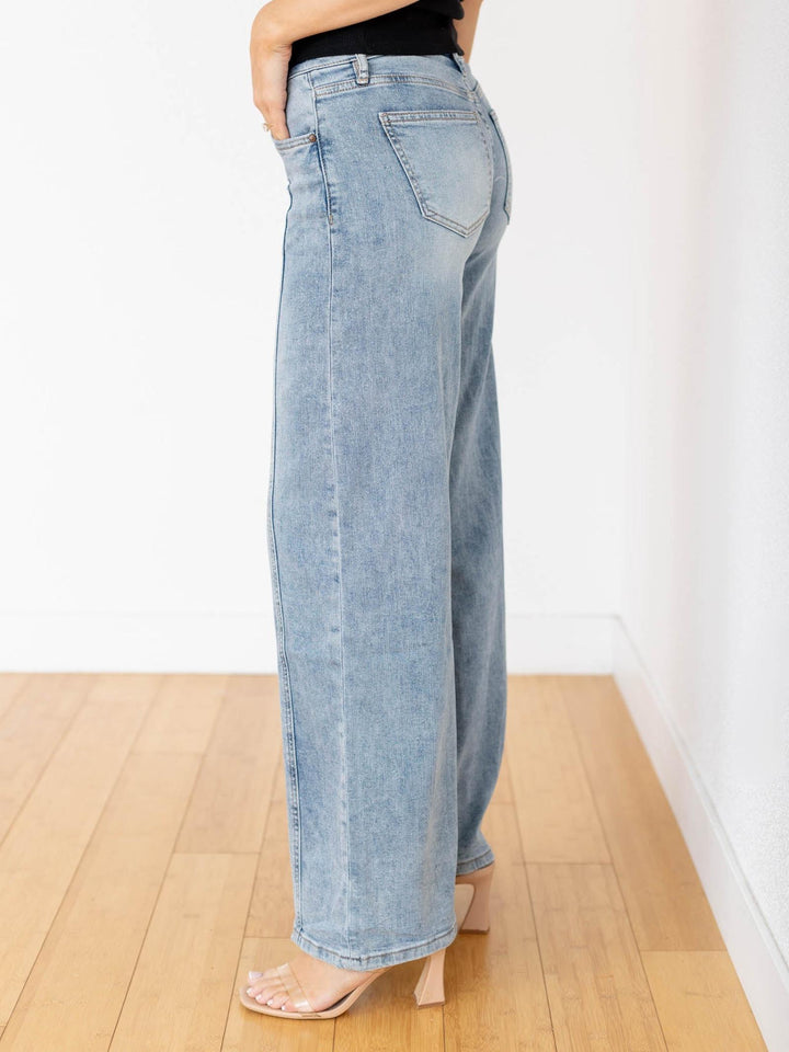 medium wash mid rise denim